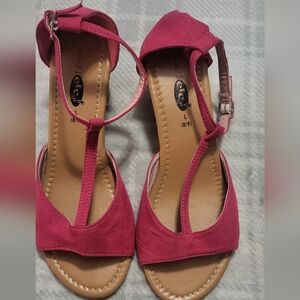 Rue21 Fuchsia Pink Women's Suede-like Cork Sole Wedge Sandals Sz 8/9